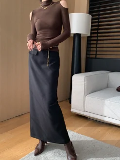COMMENSE Skirts|Bottoms^Plain A-Line Maxi Skirt Black