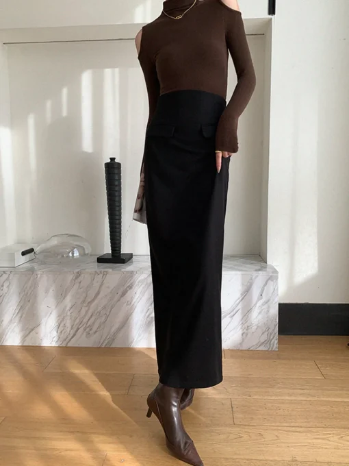 COMMENSE Skirts|Bottoms^Plain A-Line Maxi Skirt Black