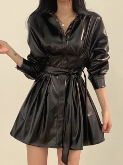 COMMENSE Black Dresses|Casual Dresses^Plain Belted PU Leather Dress Black