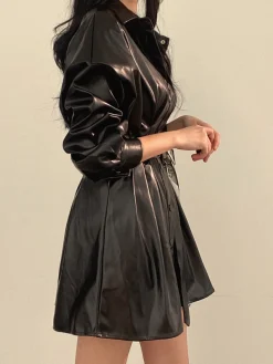 COMMENSE Black Dresses|Casual Dresses^Plain Belted PU Leather Dress Black