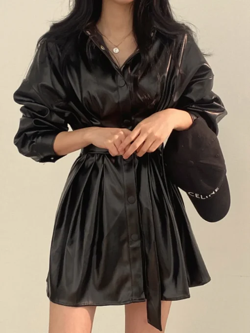 COMMENSE Black Dresses|Casual Dresses^Plain Belted PU Leather Dress Black