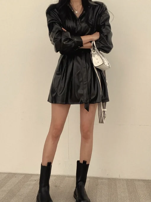 COMMENSE Black Dresses|Casual Dresses^Plain Belted PU Leather Dress Black