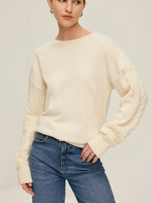 COMMENSE Sweater Tops|Sweaters & Cardigans^Plain Cable Sleeve Pullover Sweater Off-White