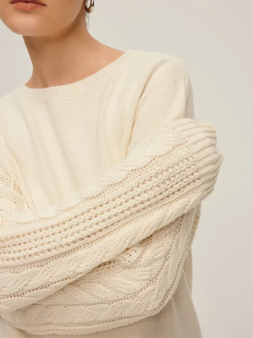 COMMENSE Sweater Tops|Sweaters & Cardigans^Plain Cable Sleeve Pullover Sweater Off-White