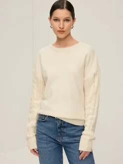 COMMENSE Sweater Tops|Sweaters & Cardigans^Plain Cable Sleeve Pullover Sweater Off-White