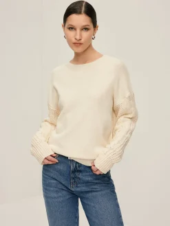 COMMENSE Sweater Tops|Sweaters & Cardigans^Plain Cable Sleeve Pullover Sweater Off-White