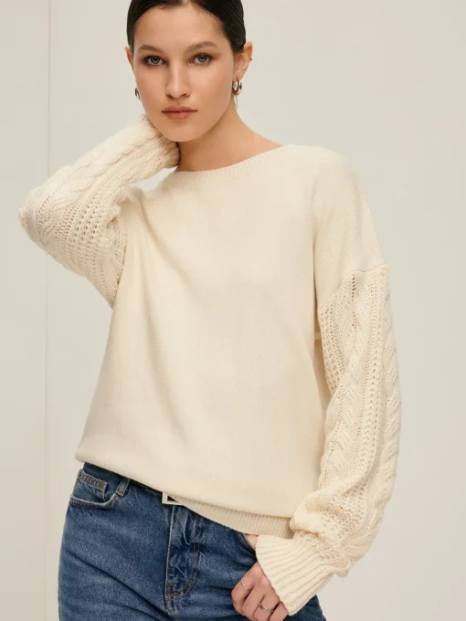 COMMENSE Sweater Tops|Sweaters & Cardigans^Plain Cable Sleeve Pullover Sweater Off-White