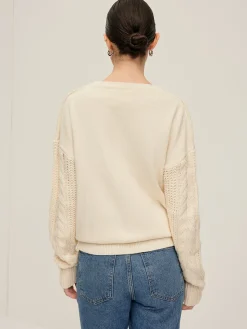 COMMENSE Sweater Tops|Sweaters & Cardigans^Plain Cable Sleeve Pullover Sweater Off-White