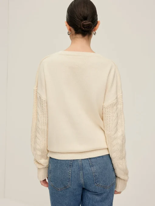 COMMENSE Sweater Tops|Sweaters & Cardigans^Plain Cable Sleeve Pullover Sweater Off-White