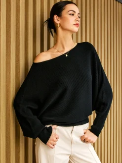 COMMENSE Sweater Tops|Sweaters & Cardigans^Plain Cold Shoulder Loose Sweater Black