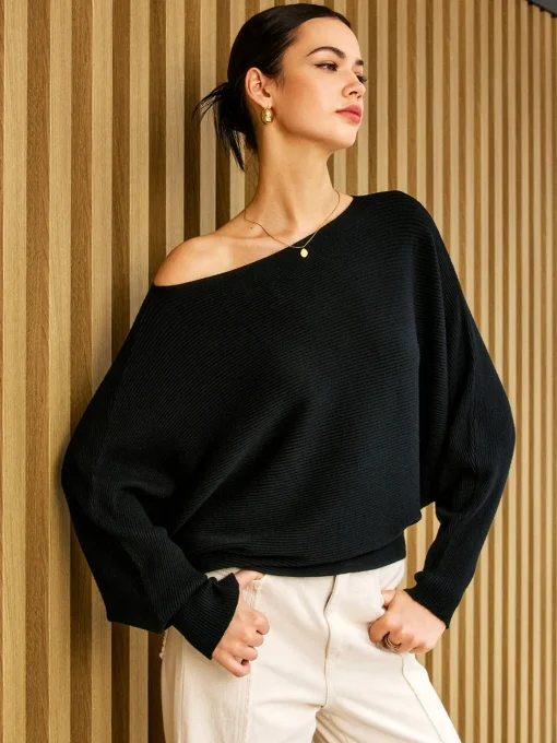 COMMENSE Sweater Tops|Sweaters & Cardigans^Plain Cold Shoulder Loose Sweater Black