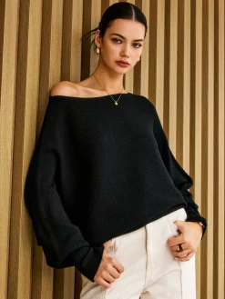 COMMENSE Sweater Tops|Sweaters & Cardigans^Plain Cold Shoulder Loose Sweater Black