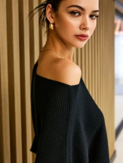 COMMENSE Sweater Tops|Sweaters & Cardigans^Plain Cold Shoulder Loose Sweater Black