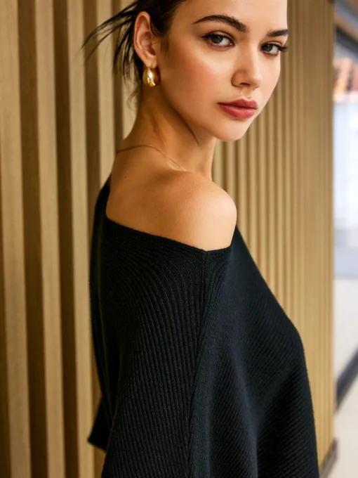 COMMENSE Sweater Tops|Sweaters & Cardigans^Plain Cold Shoulder Loose Sweater Black