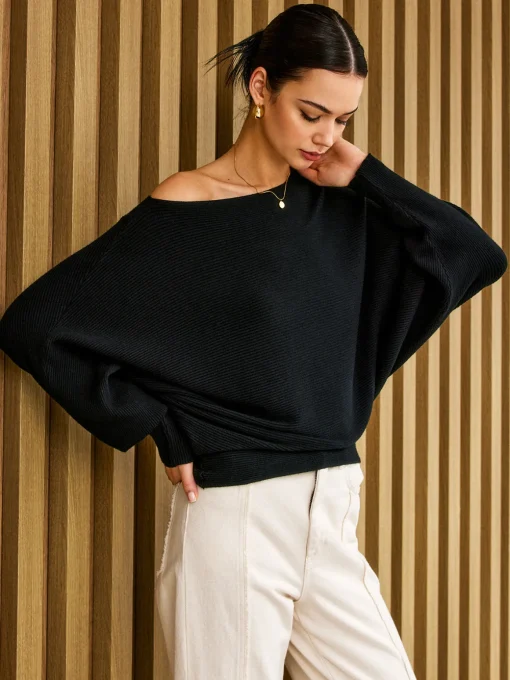 COMMENSE Sweater Tops|Sweaters & Cardigans^Plain Cold Shoulder Loose Sweater Black