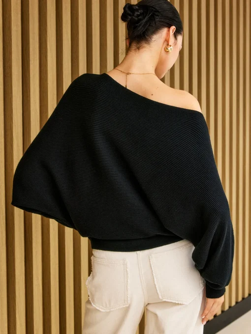 COMMENSE Sweater Tops|Sweaters & Cardigans^Plain Cold Shoulder Loose Sweater Black