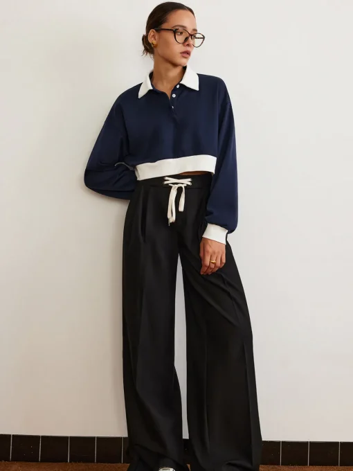 COMMENSE Pants|Bottoms^Plain Drawstring Wide-Leg Pants Black