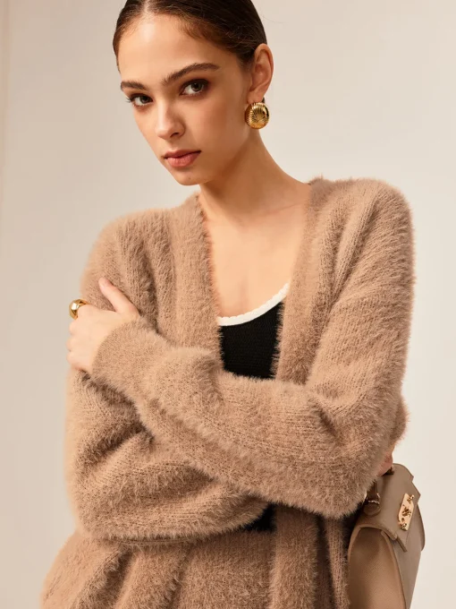 COMMENSE Sweater Tops|Sweaters & Cardigans^Plain Fuzzy Cozy Sweater Co-ords Camel