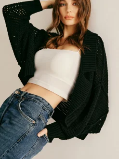 COMMENSE Cardigans|Sweaters & Cardigans^Plain Hollow Versatile Cardigan Black