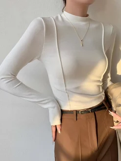 COMMENSE Blouses & Shirts|Tops^Plain Jersey Piping Blouse White