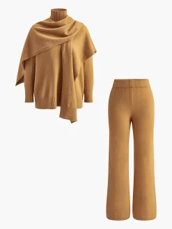 COMMENSE Knitwear|Tops^Plain Mock Neck Three-Piece Sweater Pants Set Khaki