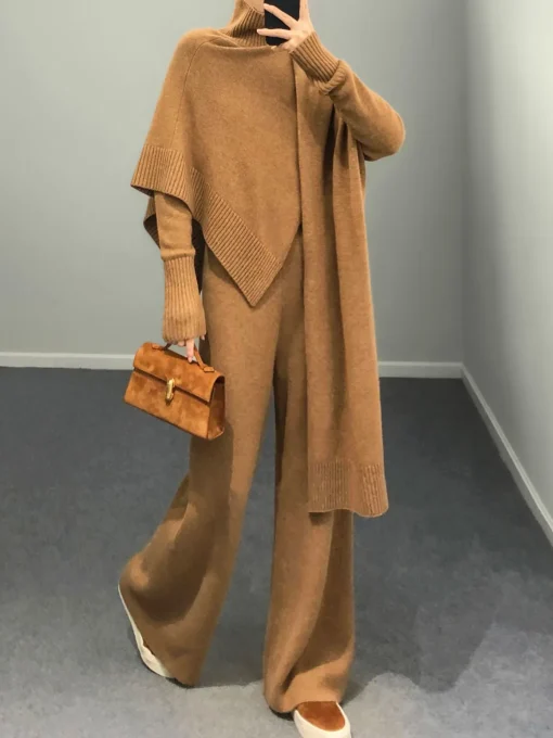 COMMENSE Knitwear|Tops^Plain Mock Neck Three-Piece Sweater Pants Set Khaki