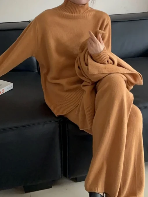 COMMENSE Knitwear|Tops^Plain Mock Neck Three-Piece Sweater Pants Set Khaki