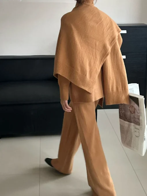 COMMENSE Knitwear|Tops^Plain Mock Neck Three-Piece Sweater Pants Set Khaki