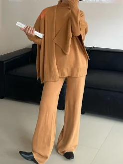COMMENSE Knitwear|Tops^Plain Mock Neck Three-Piece Sweater Pants Set Khaki