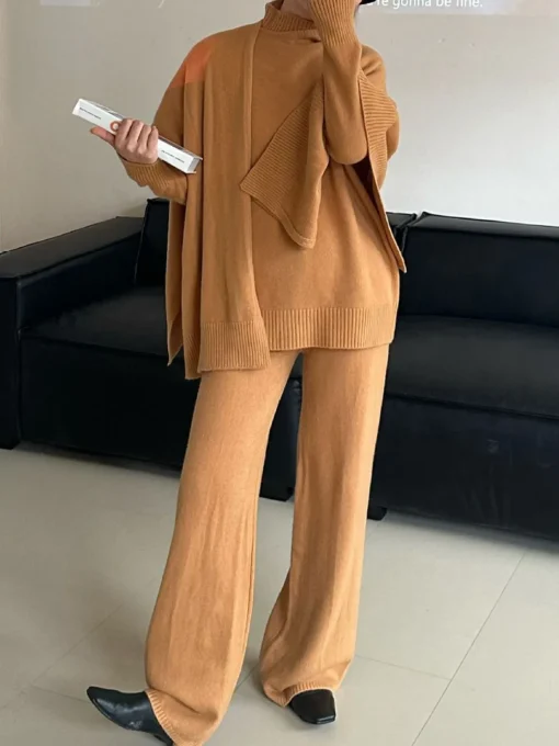 COMMENSE Knitwear|Tops^Plain Mock Neck Three-Piece Sweater Pants Set Khaki