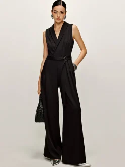 COMMENSE Black Dresses|Jumpsuits & Rompers^Plain Panel Sleeveless Belted Jumpsuit Black