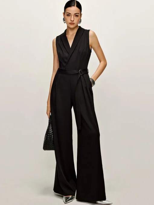 COMMENSE Black Dresses|Jumpsuits & Rompers^Plain Panel Sleeveless Belted Jumpsuit Black