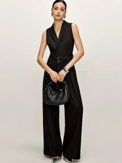 COMMENSE Black Dresses|Jumpsuits & Rompers^Plain Panel Sleeveless Belted Jumpsuit Black