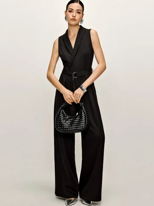 COMMENSE Black Dresses|Jumpsuits & Rompers^Plain Panel Sleeveless Belted Jumpsuit Black