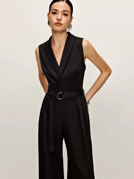 COMMENSE Black Dresses|Jumpsuits & Rompers^Plain Panel Sleeveless Belted Jumpsuit Black