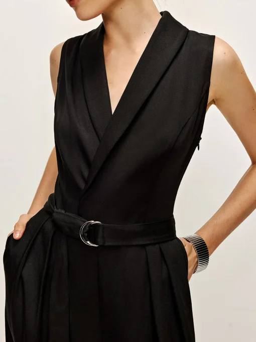 COMMENSE Black Dresses|Jumpsuits & Rompers^Plain Panel Sleeveless Belted Jumpsuit Black