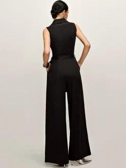 COMMENSE Black Dresses|Jumpsuits & Rompers^Plain Panel Sleeveless Belted Jumpsuit Black
