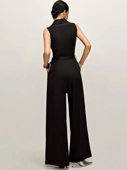 COMMENSE Black Dresses|Jumpsuits & Rompers^Plain Panel Sleeveless Belted Jumpsuit Black