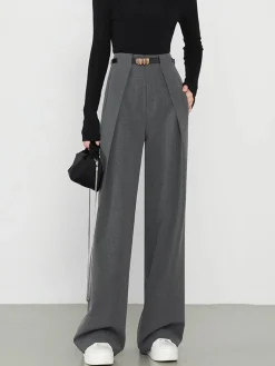 COMMENSE Pants|Bottoms^Plain Pockets Straight Pants Grey