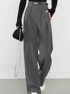 COMMENSE Pants|Bottoms^Plain Pockets Straight Pants Grey