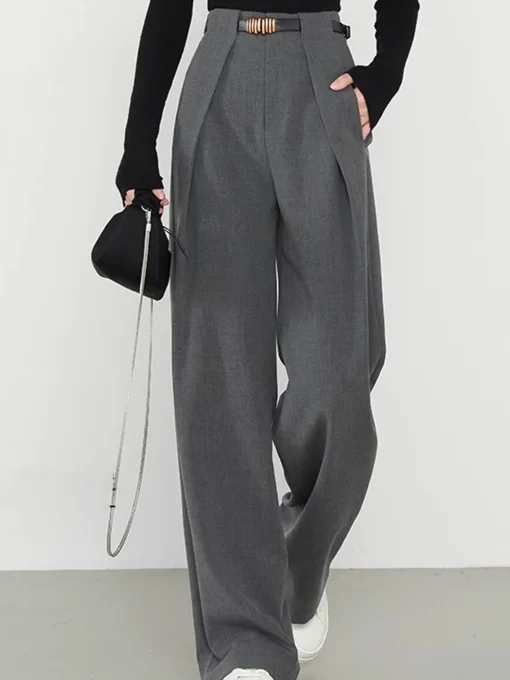 COMMENSE Pants|Bottoms^Plain Pockets Straight Pants Grey