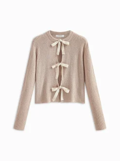 COMMENSE Cardigans|Sweaters & Cardigans^Plain Ribbed Bow Knotted Cardigan Off-White