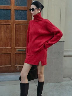 COMMENSE Skirt Sets|Long Sleeve Sets^Plain Ribbed Split Sweater Skirt Set Red