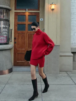 COMMENSE Skirt Sets|Long Sleeve Sets^Plain Ribbed Split Sweater Skirt Set Red