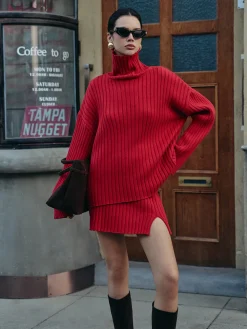 COMMENSE Skirt Sets|Long Sleeve Sets^Plain Ribbed Split Sweater Skirt Set Red