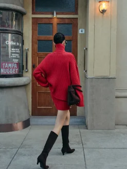 COMMENSE Skirt Sets|Long Sleeve Sets^Plain Ribbed Split Sweater Skirt Set Red