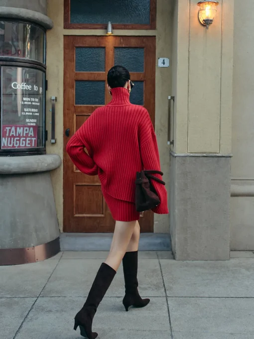 COMMENSE Skirt Sets|Long Sleeve Sets^Plain Ribbed Split Sweater Skirt Set Red