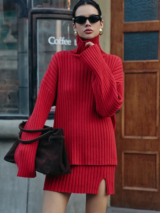 COMMENSE Skirt Sets|Long Sleeve Sets^Plain Ribbed Split Sweater Skirt Set Red
