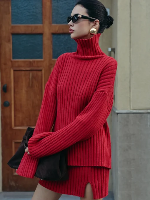 COMMENSE Skirt Sets|Long Sleeve Sets^Plain Ribbed Split Sweater Skirt Set Red