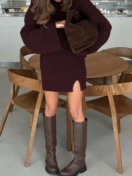 COMMENSE Skirt Sets|Long Sleeve Sets^Plain Ribbed Split Sweater Skirt Set Red